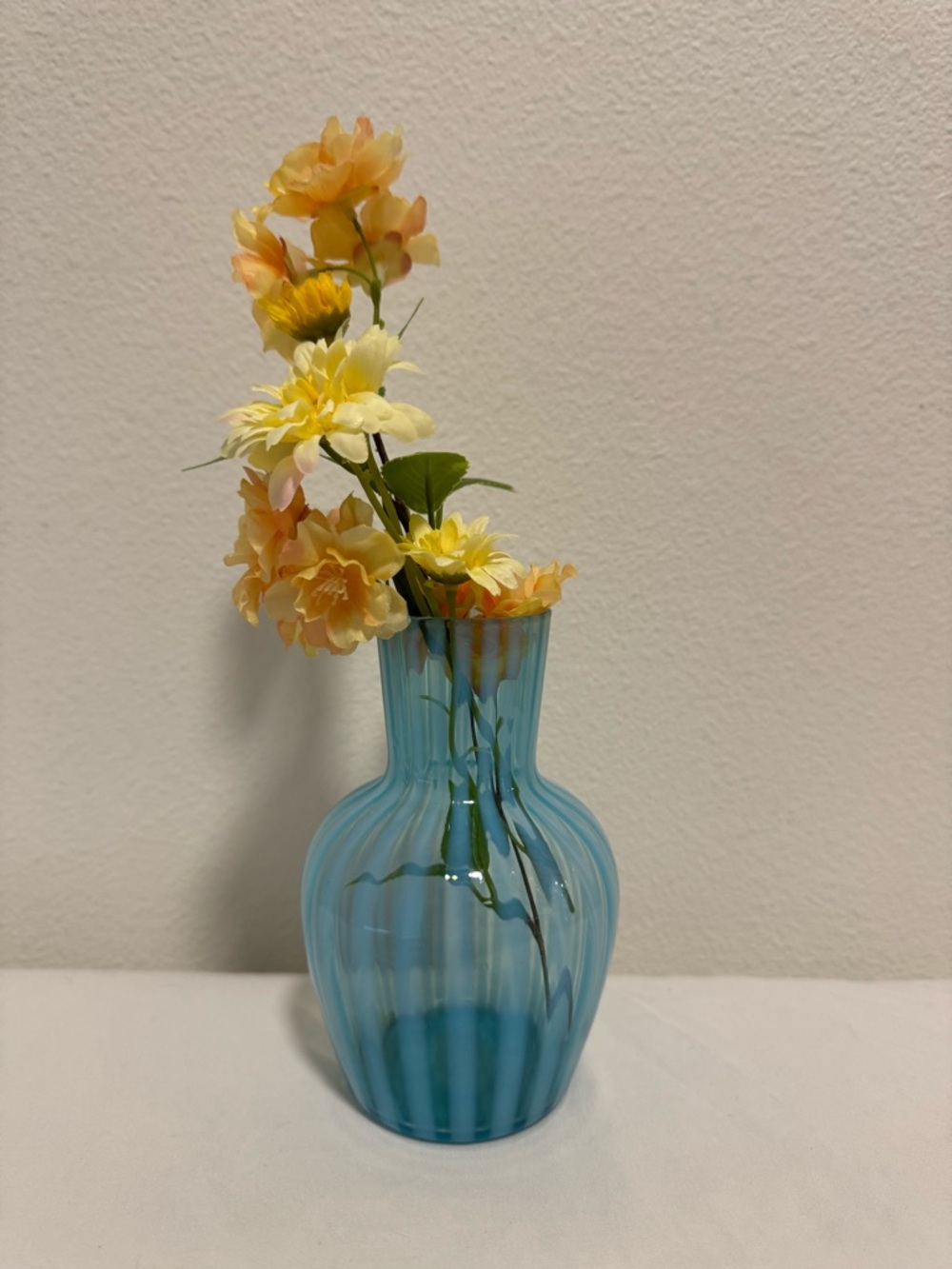 Vintage Blue Art Glass Vase Ribbed Swirl Design Hand Blown Style Decorative